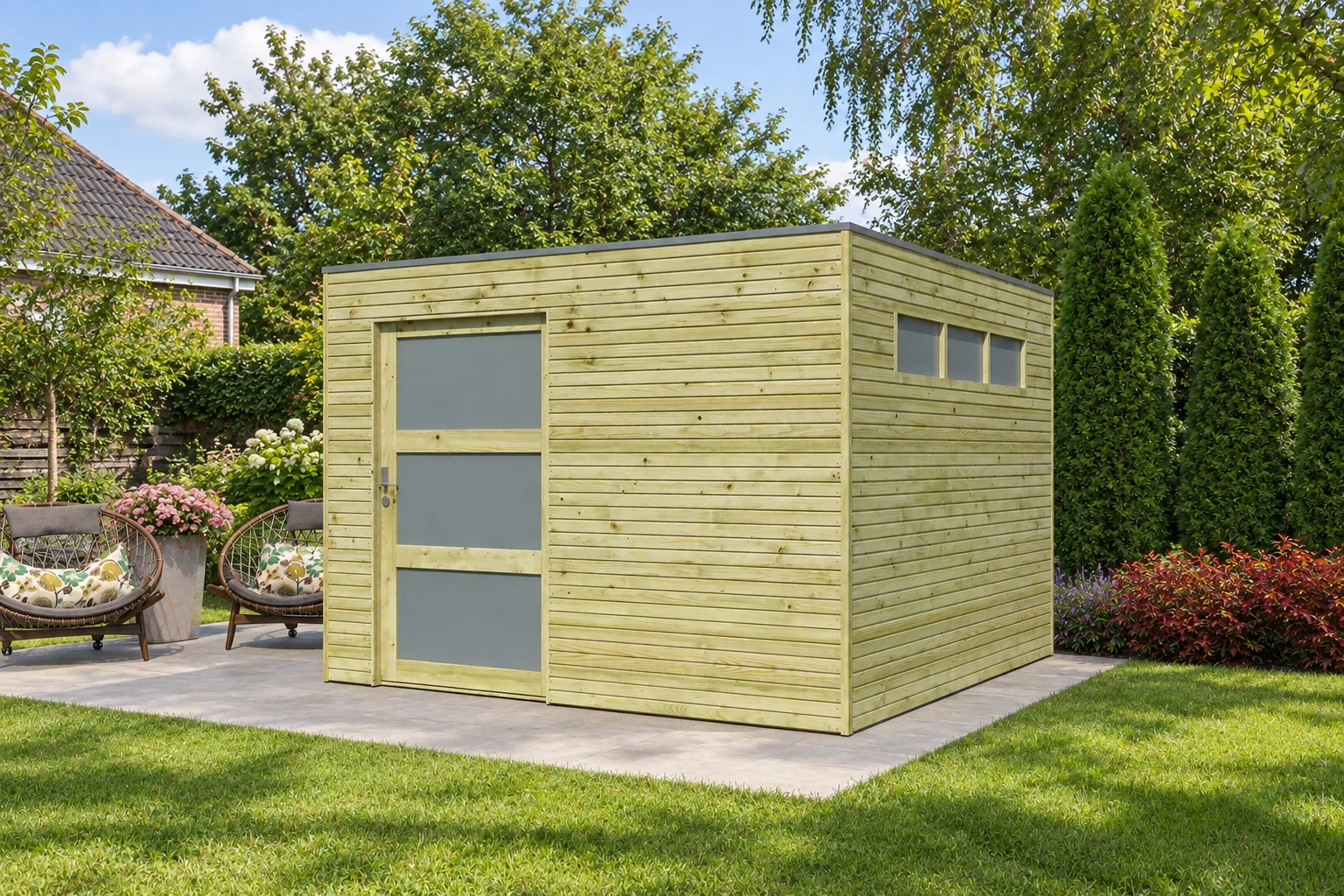 Woodlands tuinhuis QBS II 7252 blokhut – 300x300 – Opgebouwd in de tuin