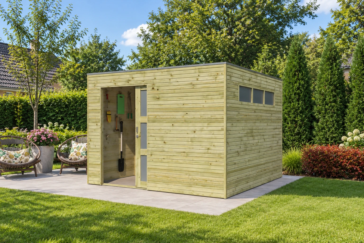 Woodlands tuinhuis QBS II 7252 blokhut – 300x300 – Detailaanzicht in de tuin