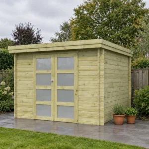 Woodlands tuinhuis Oregon 3702 blokhut – 295x295 – Opgebouwd in de tuin