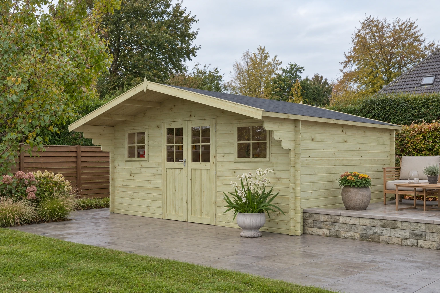 Woodlands tuinhuis Winnipeg XL 3055XL blokhut – 505x385 – Opgebouwd in de tuin