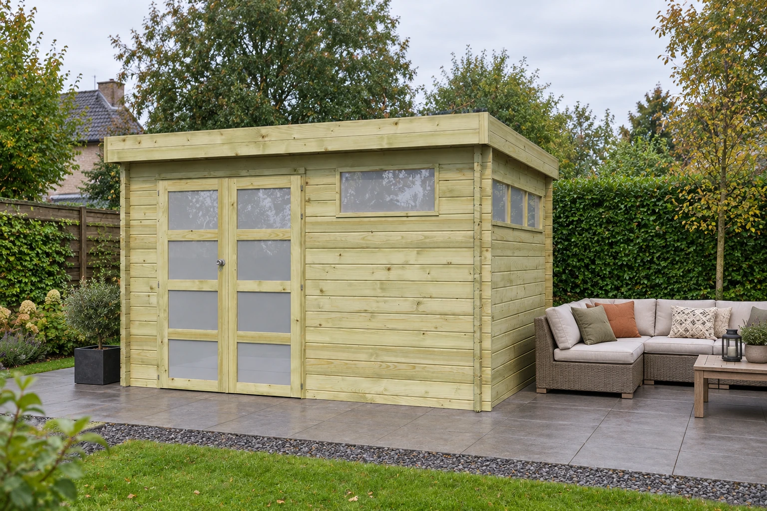 Woodlands tuinhuis Modern S 4605ISO blokhut – 355x295 – Opgebouwd in de tuin