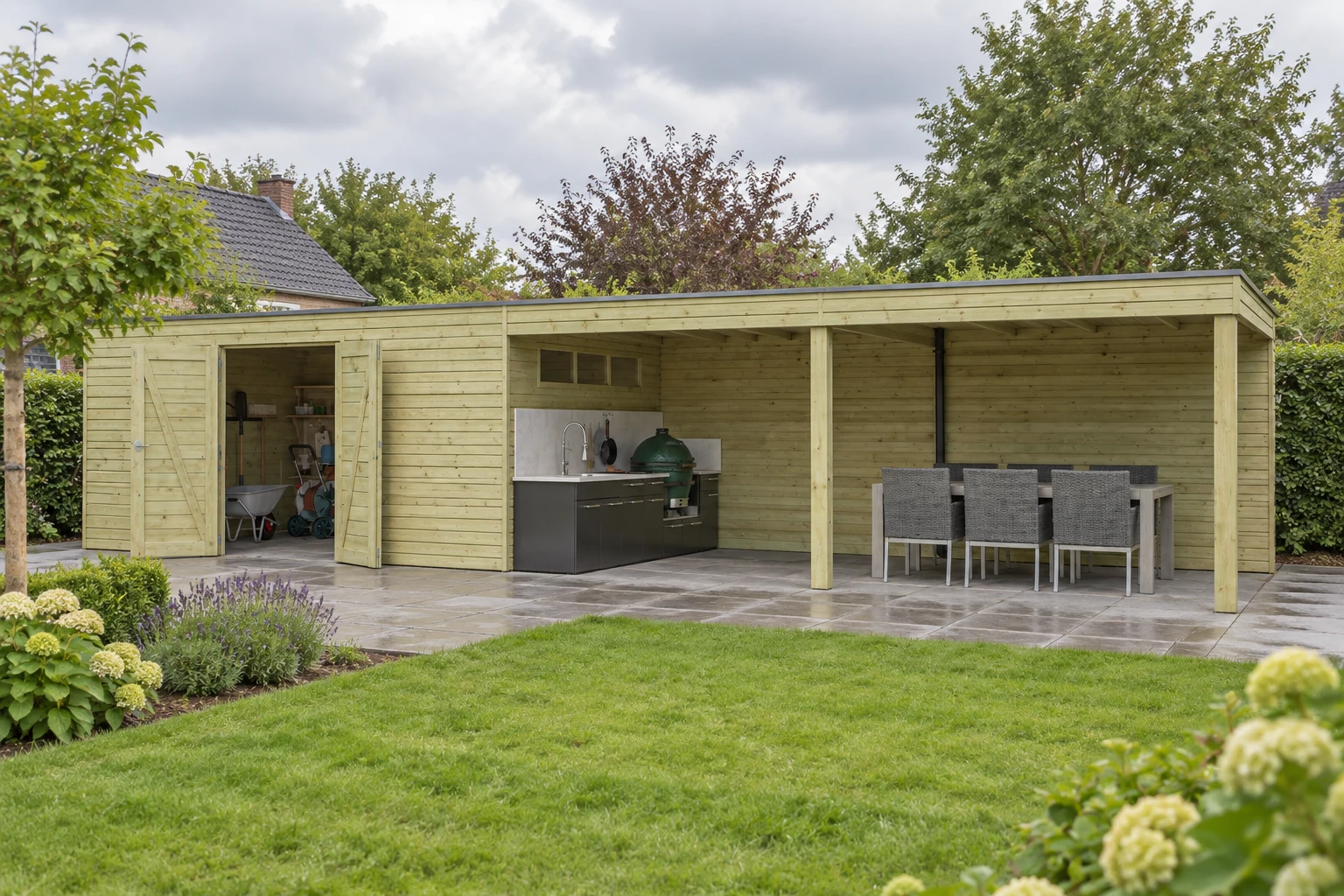 Woodlands Tuinhuis QB IV 7204EXT600 – 1103 × 300 cm – Detailaanzicht in de tuin