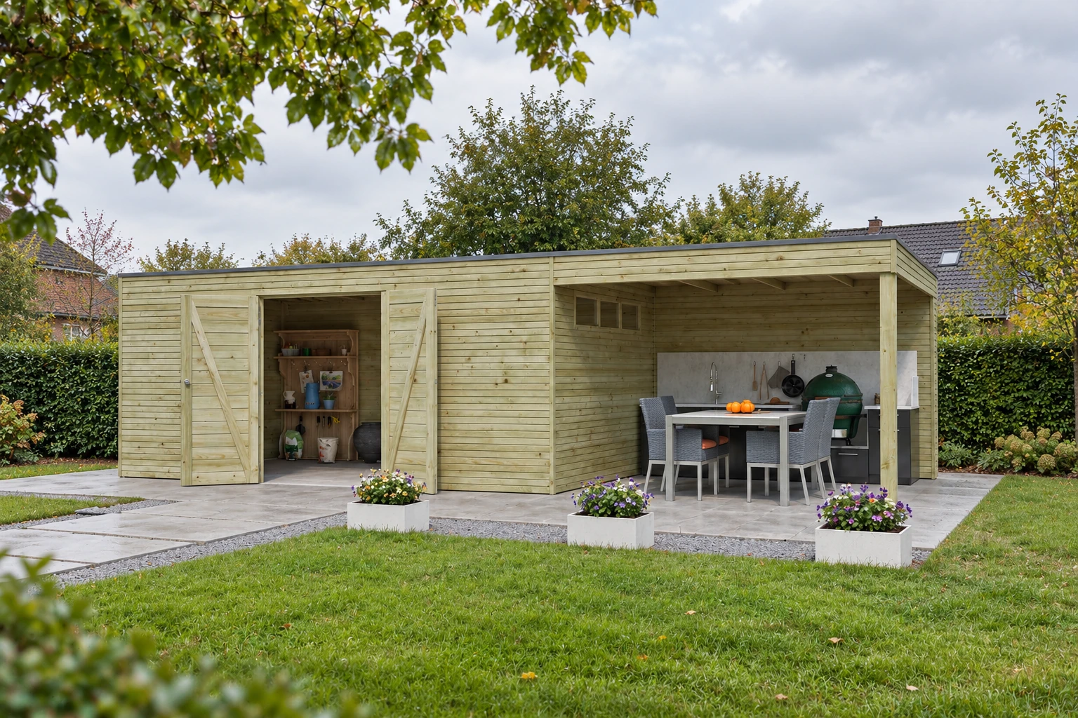 Woodlands Tuinhuis QB IV EXT 7204EXT300 blokhut – 804 × 300 cm – Detailaanzicht in de tuin
