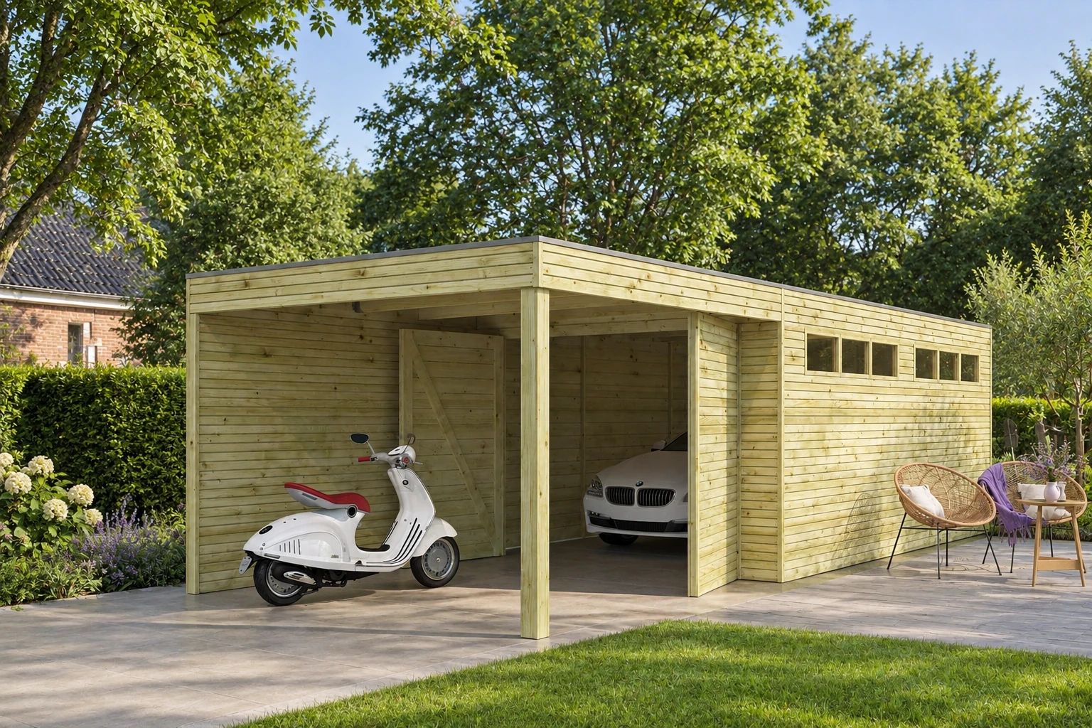 Woodlands garage QB EXT 7211EXT300 – 804 × 300 cm – Detailaanzicht in de tuin