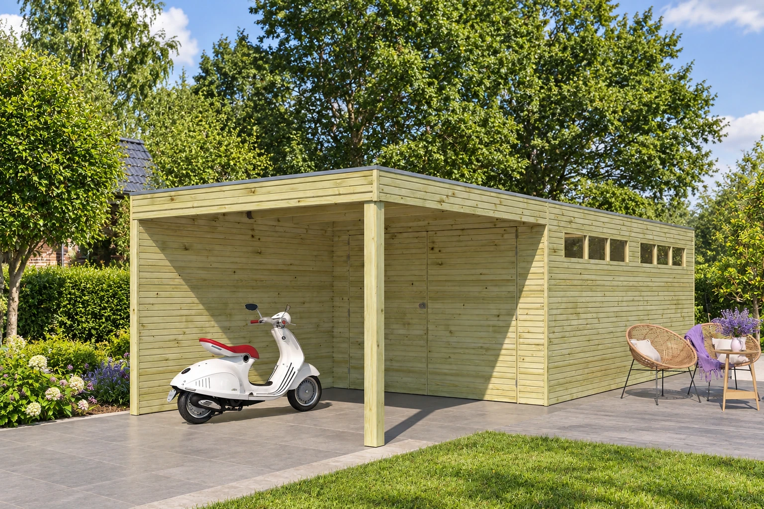 Woodlands garage QB EXT 7211EXT300 – 804 × 300 cm – Opgebouwd in de tuin