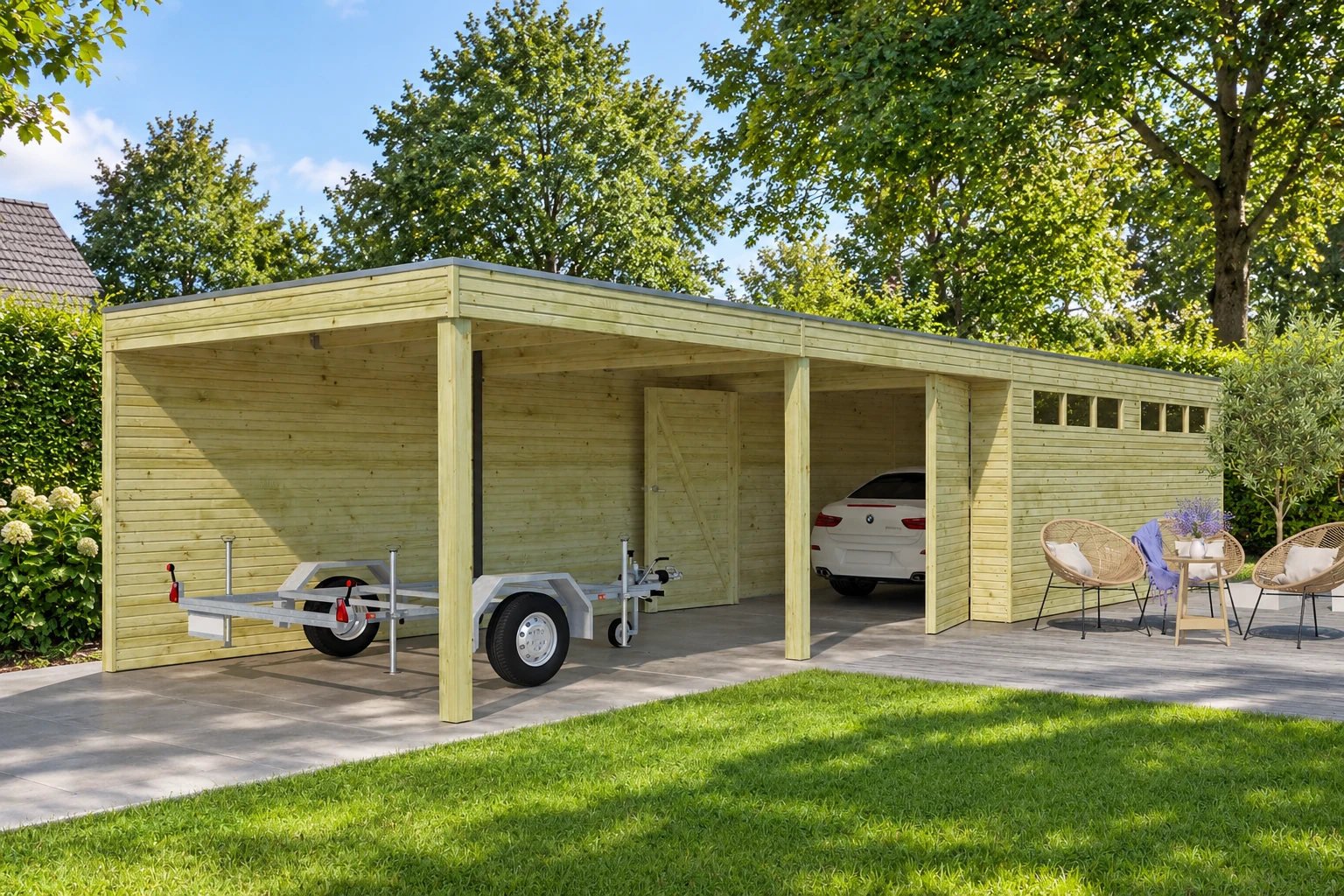 Woodlands garage QB DEXT 7211EXT600 – 1103 × 300 cm – Detailaanzicht in de tuin