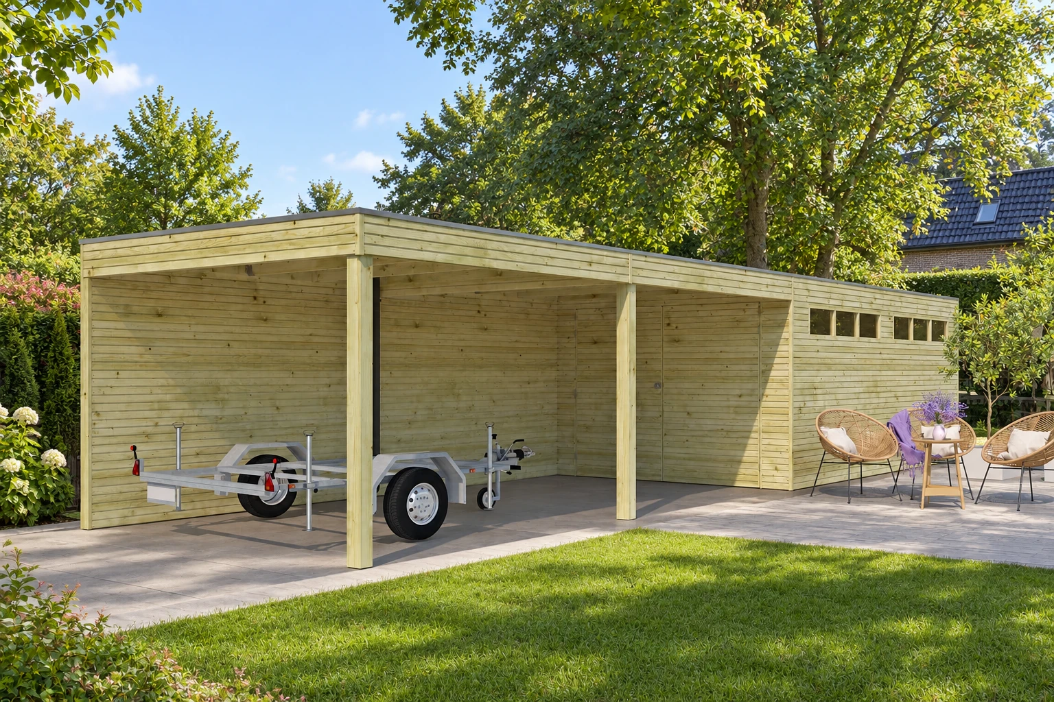 Woodlands garage QB DEXT 7211EXT600 – 1103 × 300 cm – Opgebouwd in de tuin