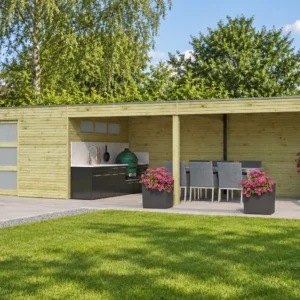 Woodlands Tuinhuis QBS II DEXT 7252EXT600 blokhut – 893 × 300 cm – Opgebouwd in de tuin