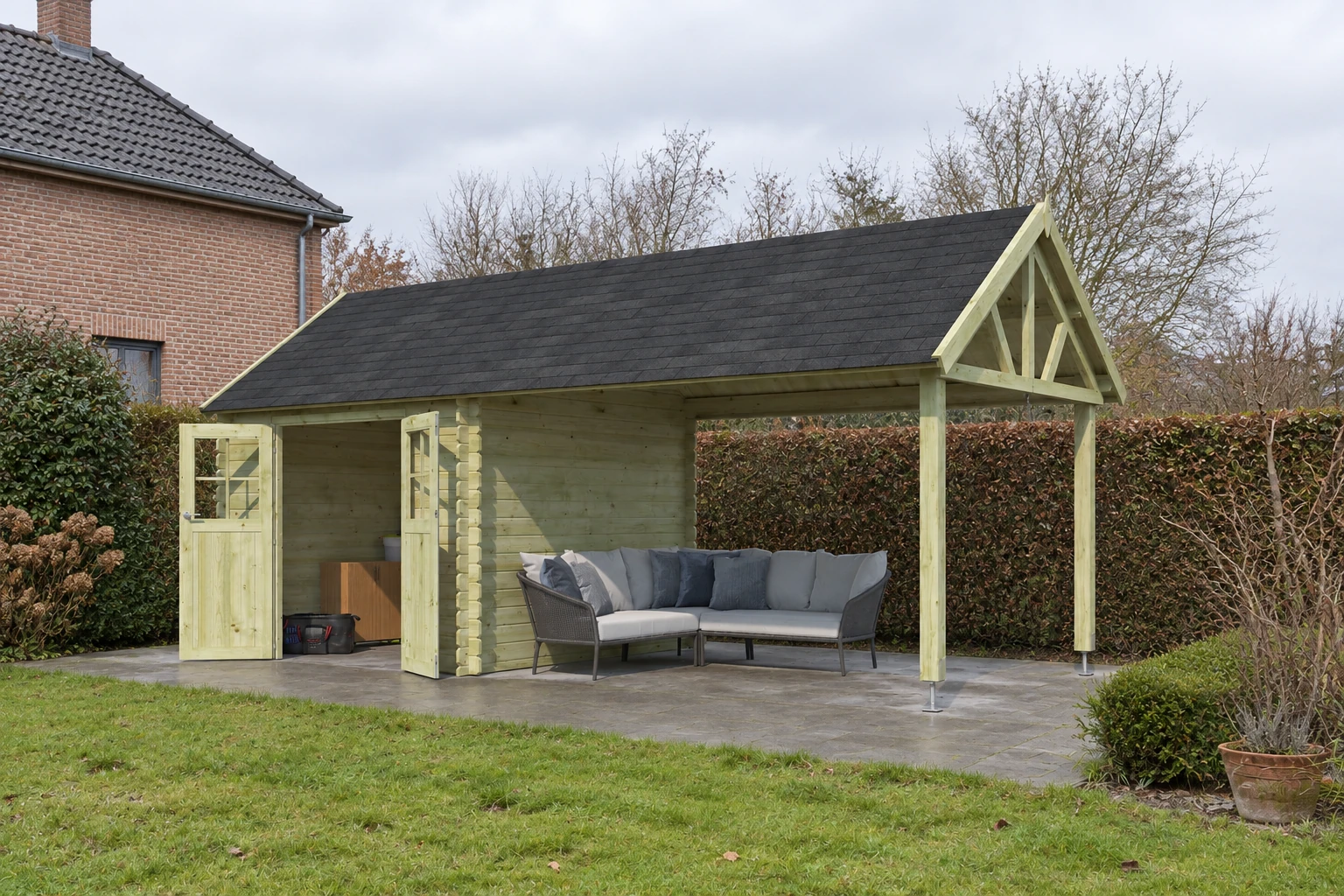 Woodlands tuinhuis Gloucester S 3601EXT blokhut – 662 × 295 cm – Detailaanzicht in de tuin