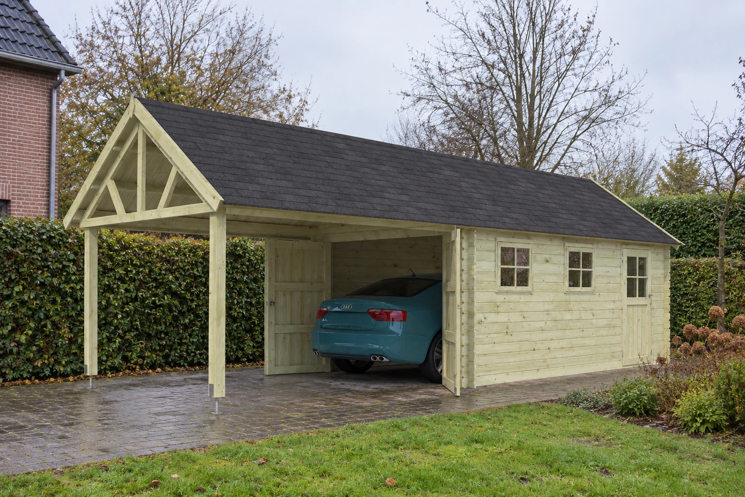 Woodlands garage Gloucester 3611EXT – 320 × 902 cm – Detailaanzicht in de tuin