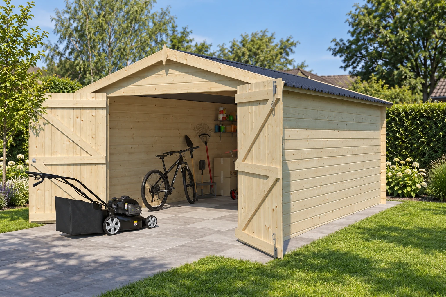 Woodlands garage classic staaldak 3002AC – 355x535 – Detailaanzicht in de tuin