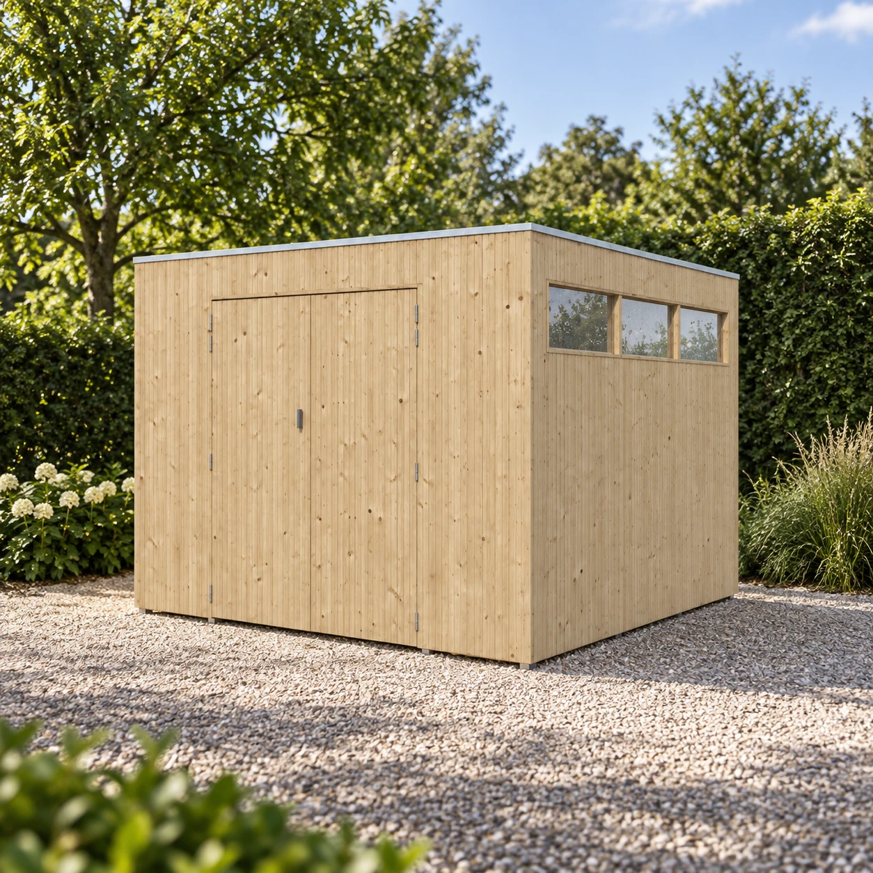 Woodlands Tuinhuis QBV 8312 blokhut | smalle latjes – 298 x 298 – Buitenaanzicht