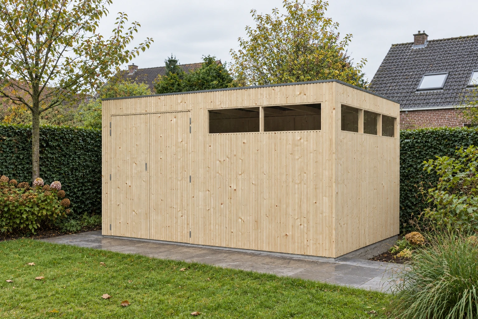 Woodlands Tuinhuis QBV 8313 blokhut | smalle latjes – 399 x 298 – Opgebouwd in de tuin