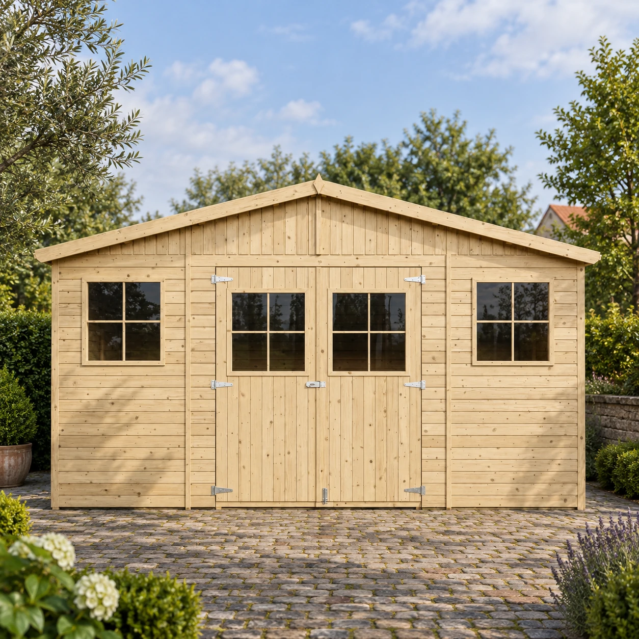 Blockbohlenhaus M331 aus Holz – 401 x 297 cm – 12 m2 – Buitenaanzicht (3)