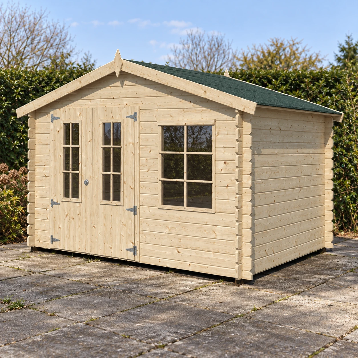 Woodlands Blockbohlenhaus Base T3 – 325 × 265cm – Buitenaanzicht
