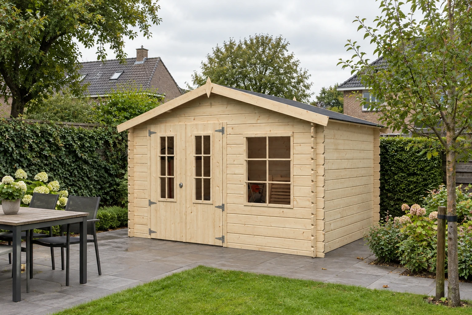 Woodlands Blockbohlenhaus Base T3 – 325 × 265cm – Opgebouwd in de tuin