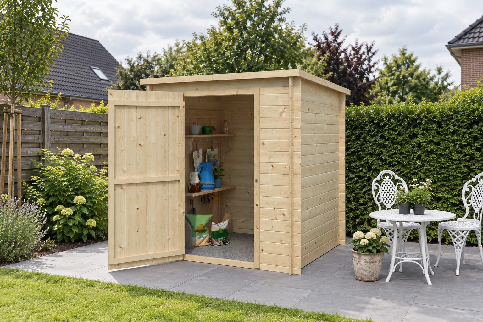 Woodlands Blockbohlenhaus Svendborg 9101 – 175 × 175 cm – Detailaanzicht in de tuin