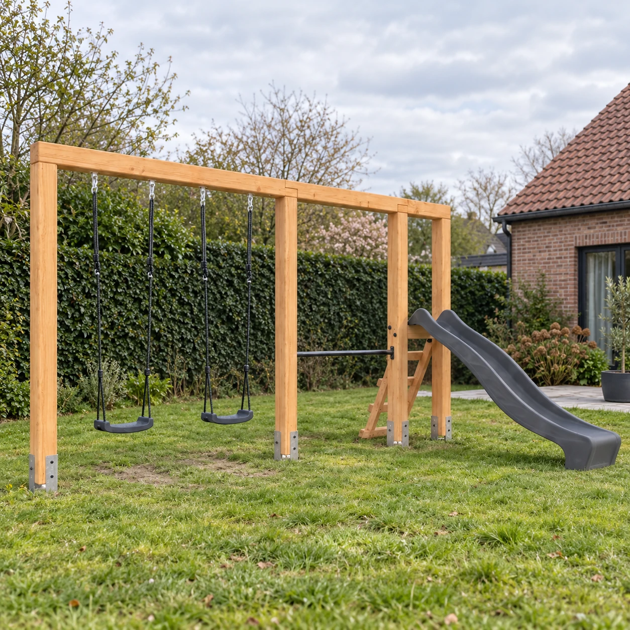 EXIT Linea Massiv 140 double wooden swing with tumble bar and slide