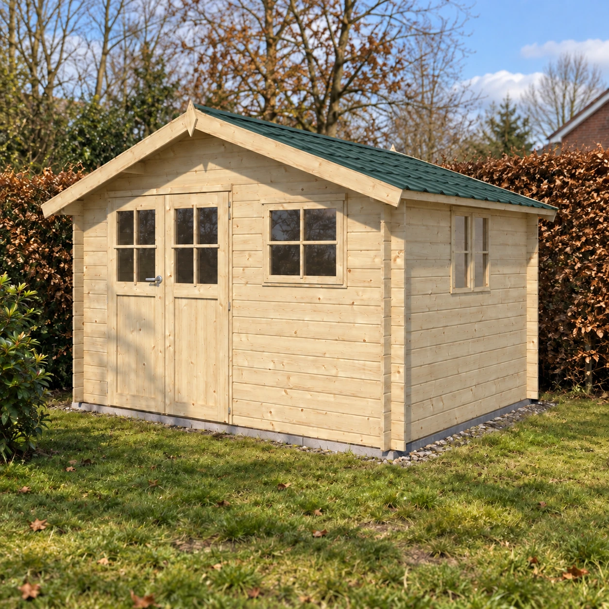 Woodlands tuinhuis CARIBOU 3037DP blokhut – 355×295 cm – Buitenaanzicht