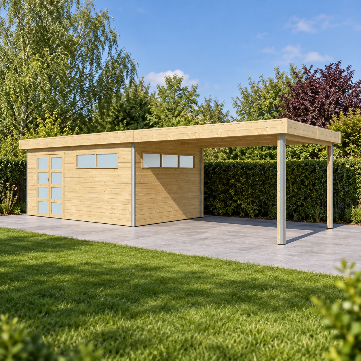 Woodlands tuinhuis KASUKO XL 5104EXT400AC blokhut – 883 × 295 cm – Buitenaanzicht
