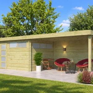 Woodlands tuinhuis MODERN 4603EXT400AC blokhut – 815×295 cm – Opgebouwd in de tuin