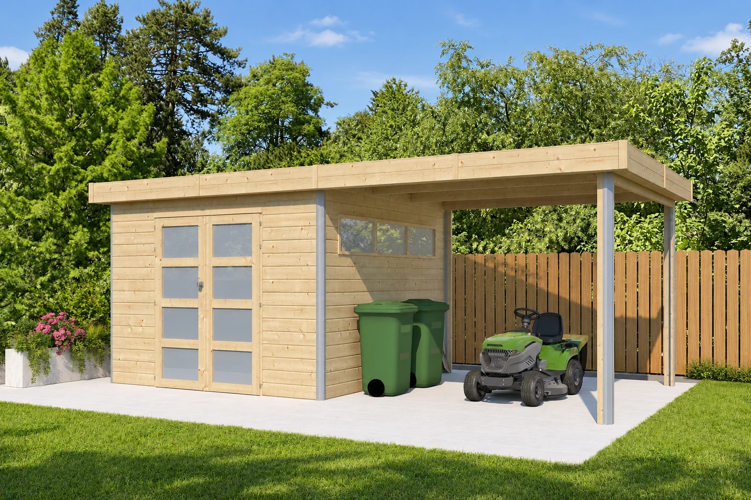 Woodlands Blockbohlenhaus KASUKO S 5101EXT285AC – 578 × 295 cm – Buitenaanzicht