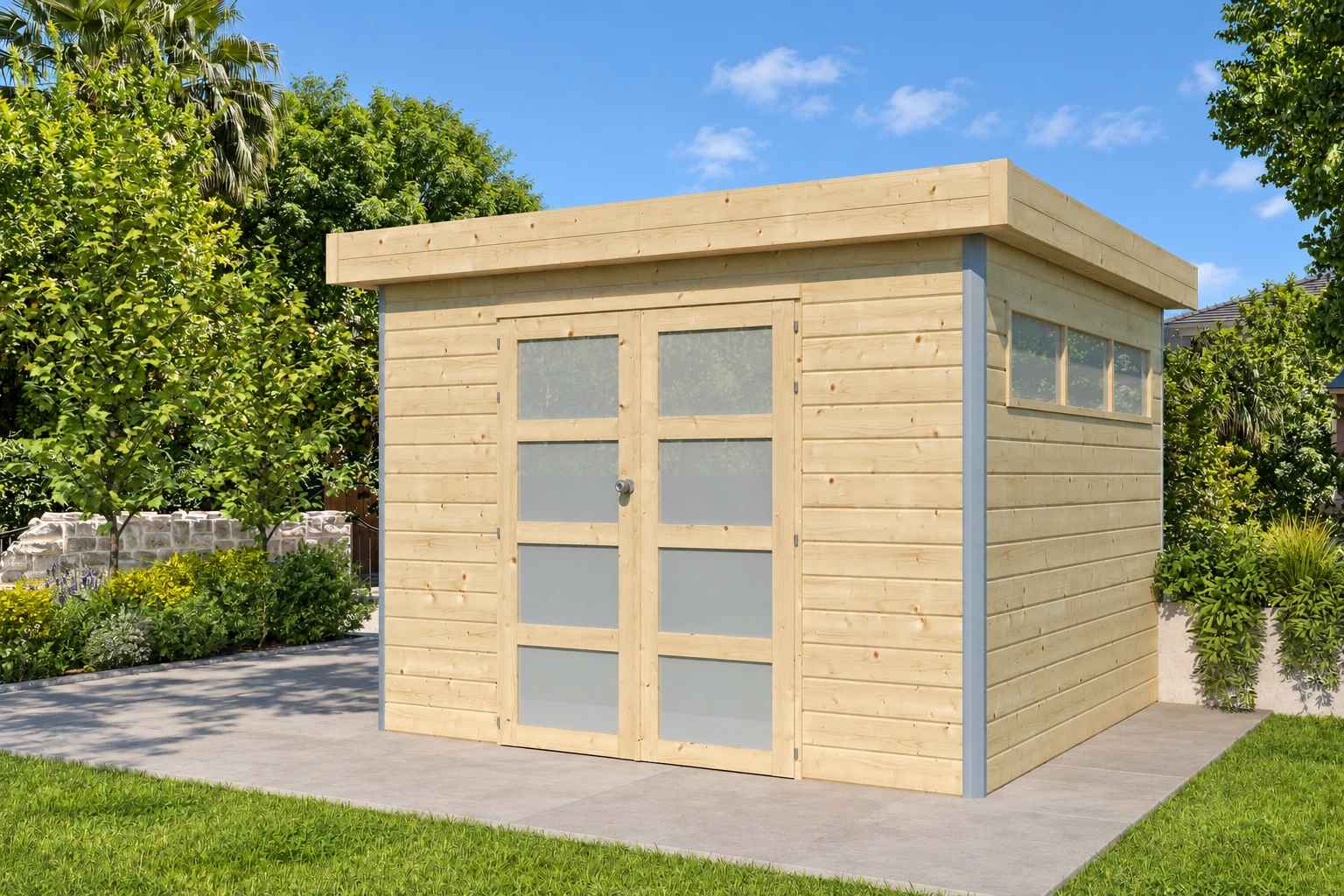 Woodlands Blockbohlenhaus KASUKO S 5101AC – 295×295 cm – Buitenaanzicht