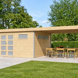 Woodlands tuinhuis KASUKO L 5103EXT400AC blokhut – 783 × 385 cm – Opgebouwd in de tuin