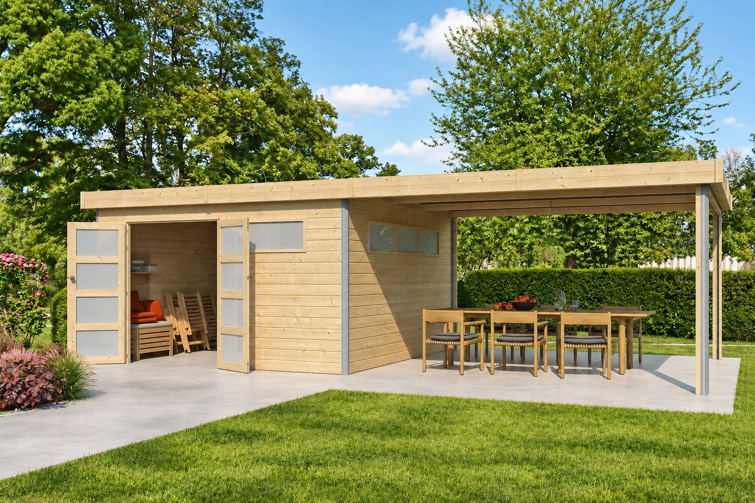 Woodlands tuinhuis KASUKO L 5103EXT400ISO blokhut – 783 × 385 cm – Buitenaanzicht (2)
