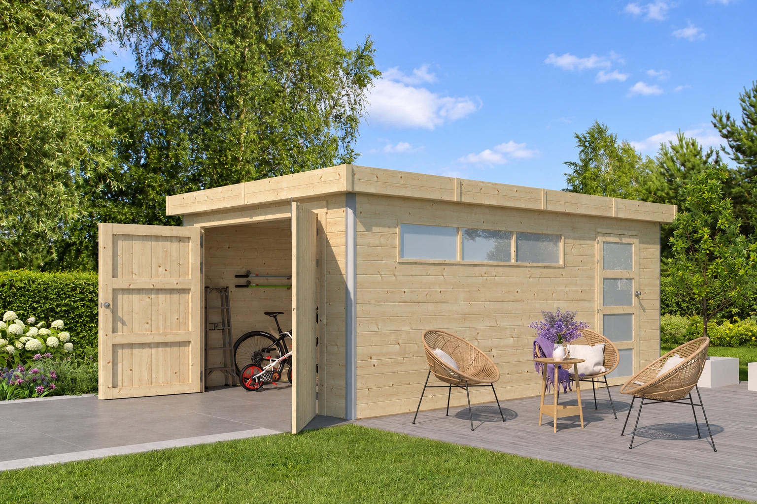 Woodlands Garage KASUKO 5121AC – 325×535 cm – Detailaanzicht in de tuin