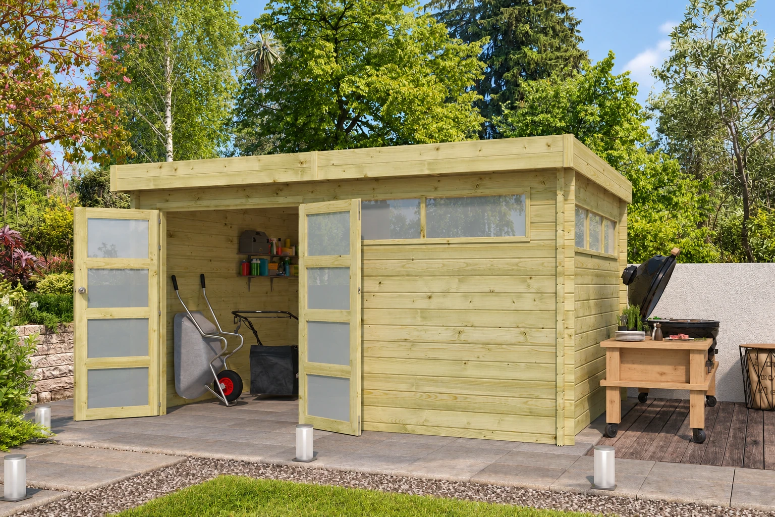 Woodlands tuinhuis MODERN 4603AC blokhut – 415×295 cm – Detailaanzicht in de tuin