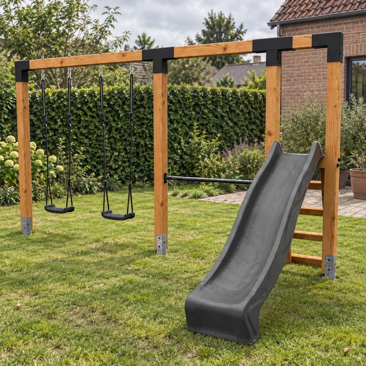 EXIT Linea Robust 110 balançoire double en bois avec barre de gymnastique et toboggan