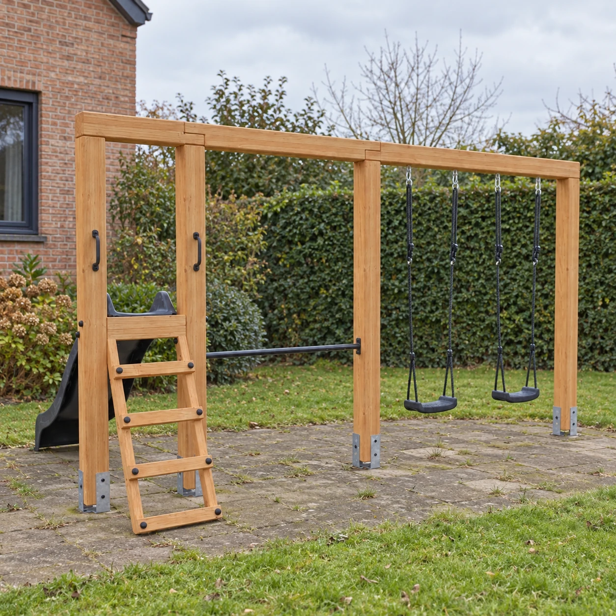 EXIT Linea Massiv 140 double wooden swing with tumble bar and slide