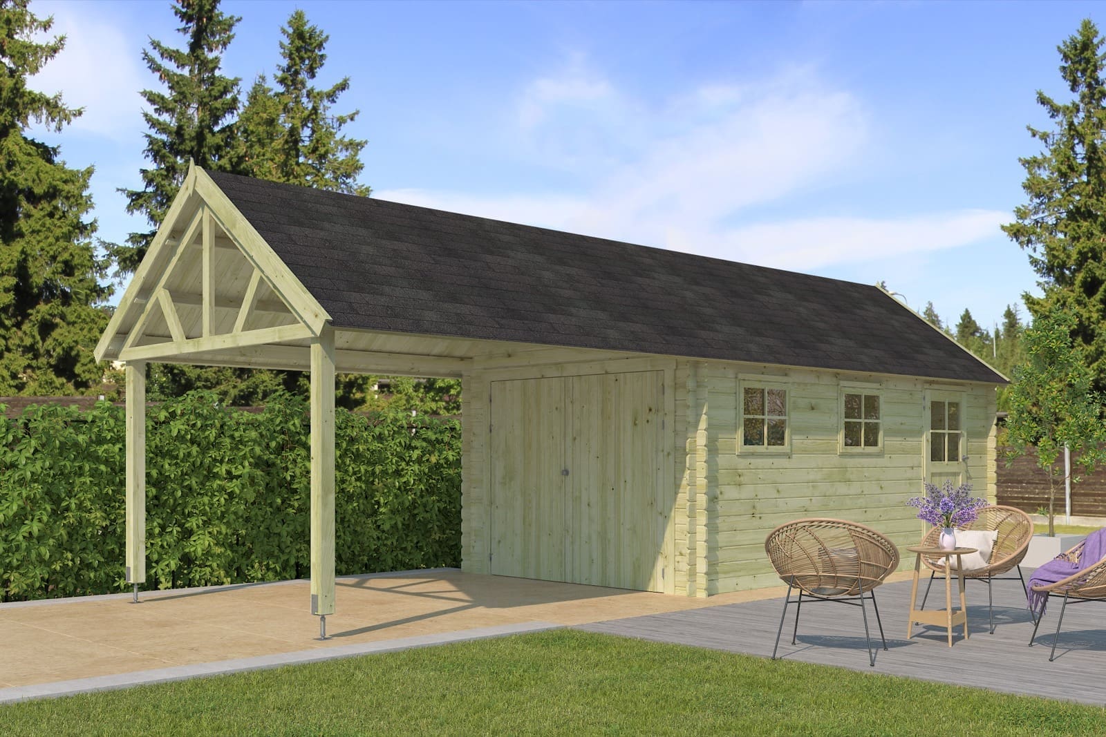 Garage en bois Woodlands Gloucester 3611EXT – 320 × 902 cm – Monté dans le jardin