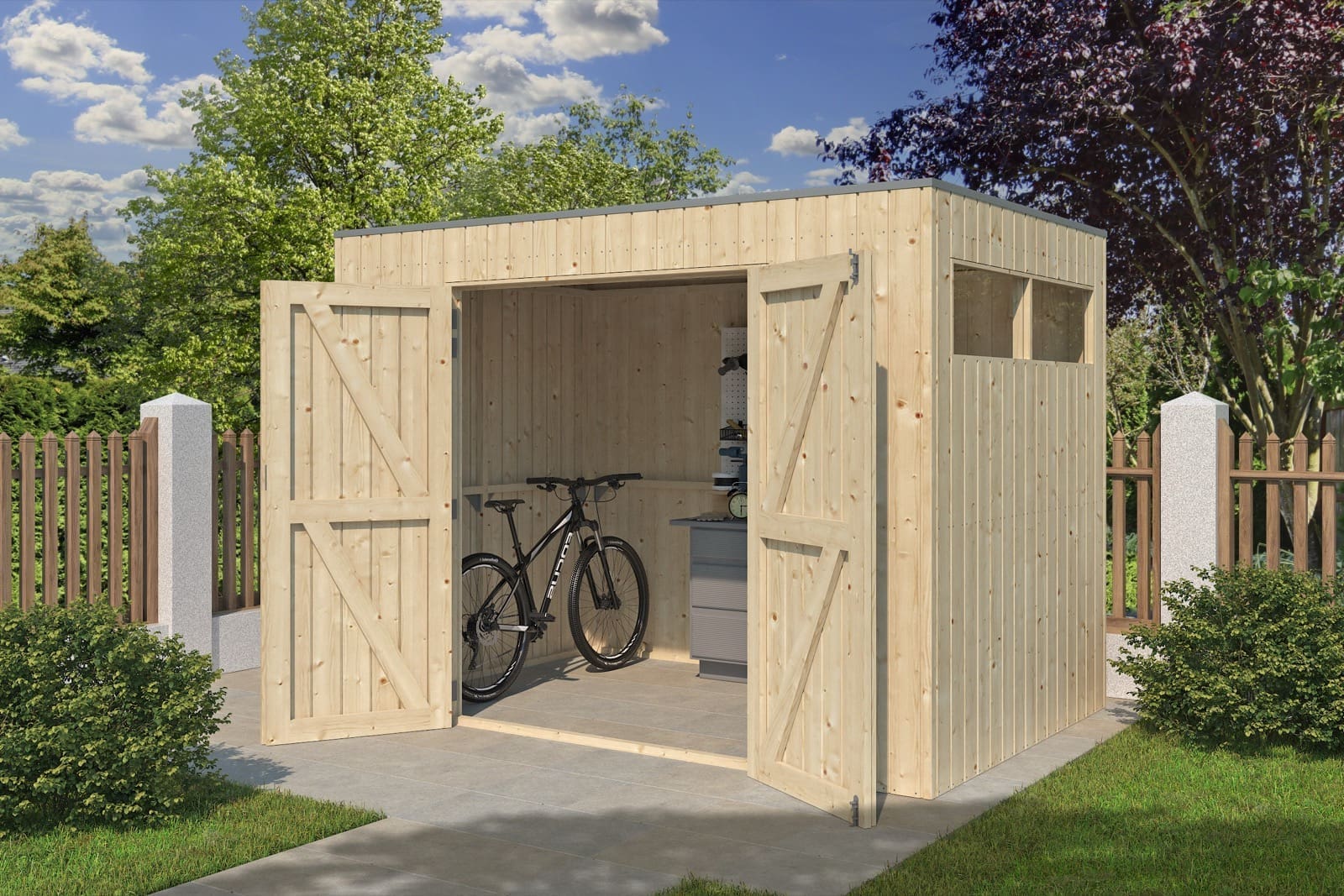 Abri de jardin Woodlands QBV 8111 chalet | larges lames – 298 x 198 – Vue de détail dans le jardin