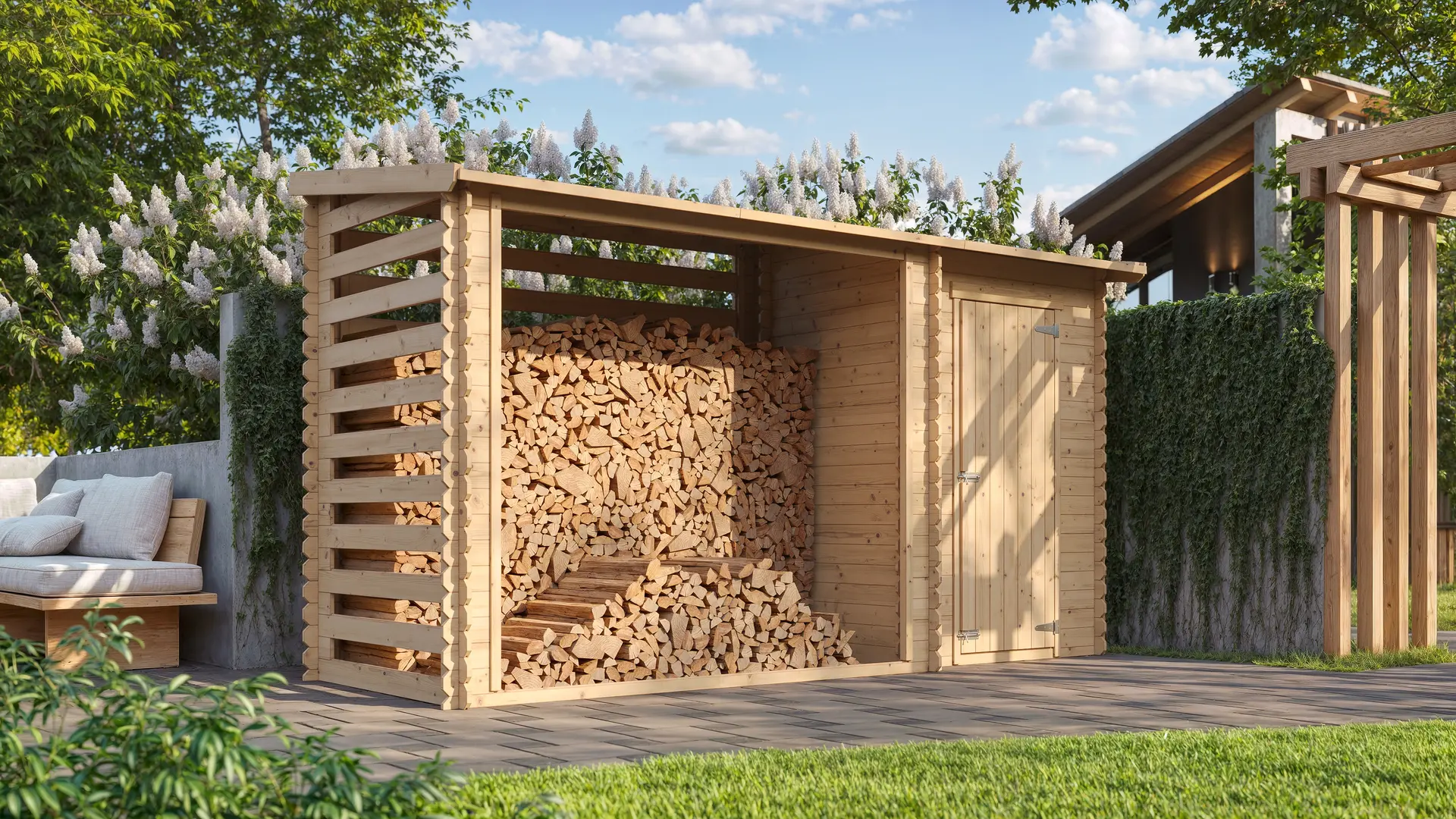 Brennholzlager M205 mit Stauraum / Holzunterstand – 344 × 130 cm – 4 m³