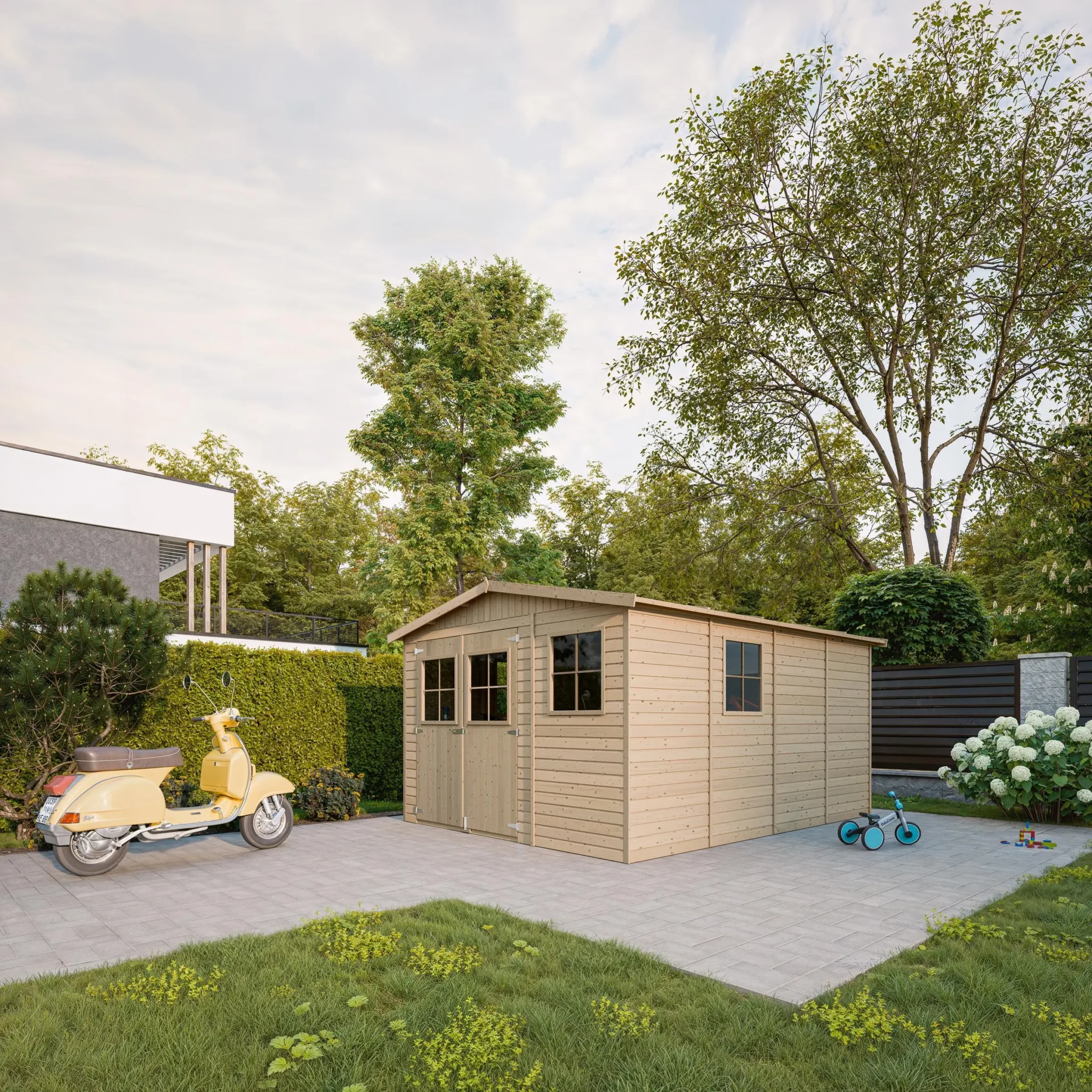 Holz-Gartenhaus M336 Blockbohlen – 303 × 395 cm – 12 m²
