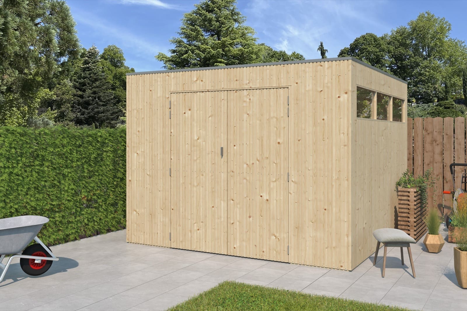 Gartenhaus QBV 298 x 298 schmale Latten – Aufgebaut im Garten