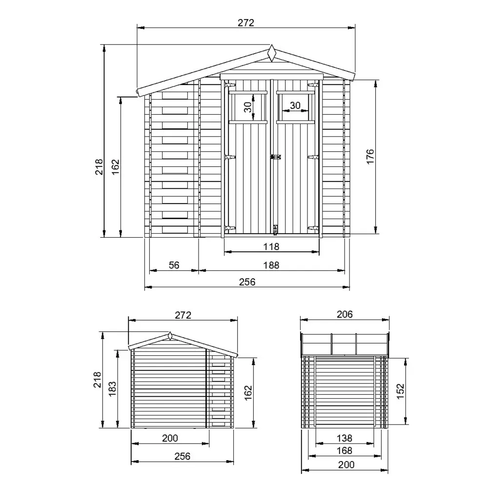Holz-Gartenhaus M386 Blockbohlen – 256 × 200 cm – 5 m² – Grundriss mit Maßangaben