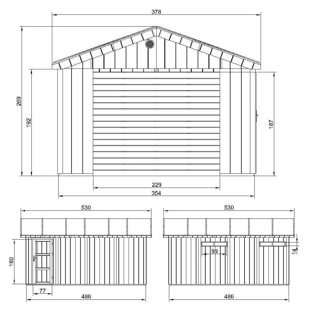LP® SmartSide® Garage M991B – 354 × 486 cm – 17,2 m² – Grundriss mit Maßangaben